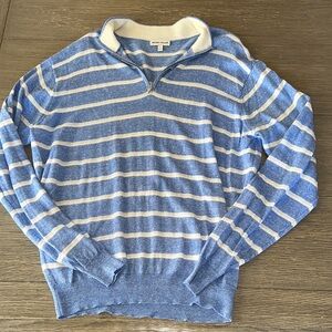 Peter Millar merino/linen blend quarter zip sweater chambray & white stripe L